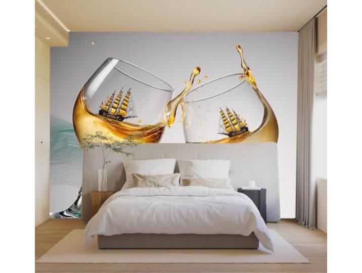 3D Tapete Segelboot Im Weinglas Goldene Flüssigkeit Wellenmuster Kunst Hochwertige Strukturierte Seide Geeignet für Speisesaal Arbeitszimmer Wohnzimmer Schlafzimmer Sofa TV Wand-430cm×300cm