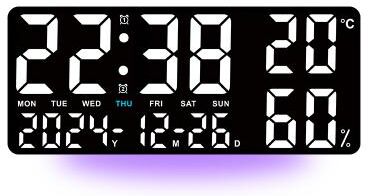 Perfect Picks Market Large Digital Wall Clock With RGB Mood Light, Dual Alarm, Temperature & Humidity Display bw