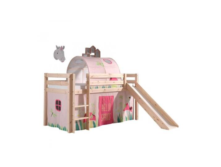 Vipack - PINO Lit Compact avec Toboggan + Rideau de lit Spring + Tunnel de lit Spring
