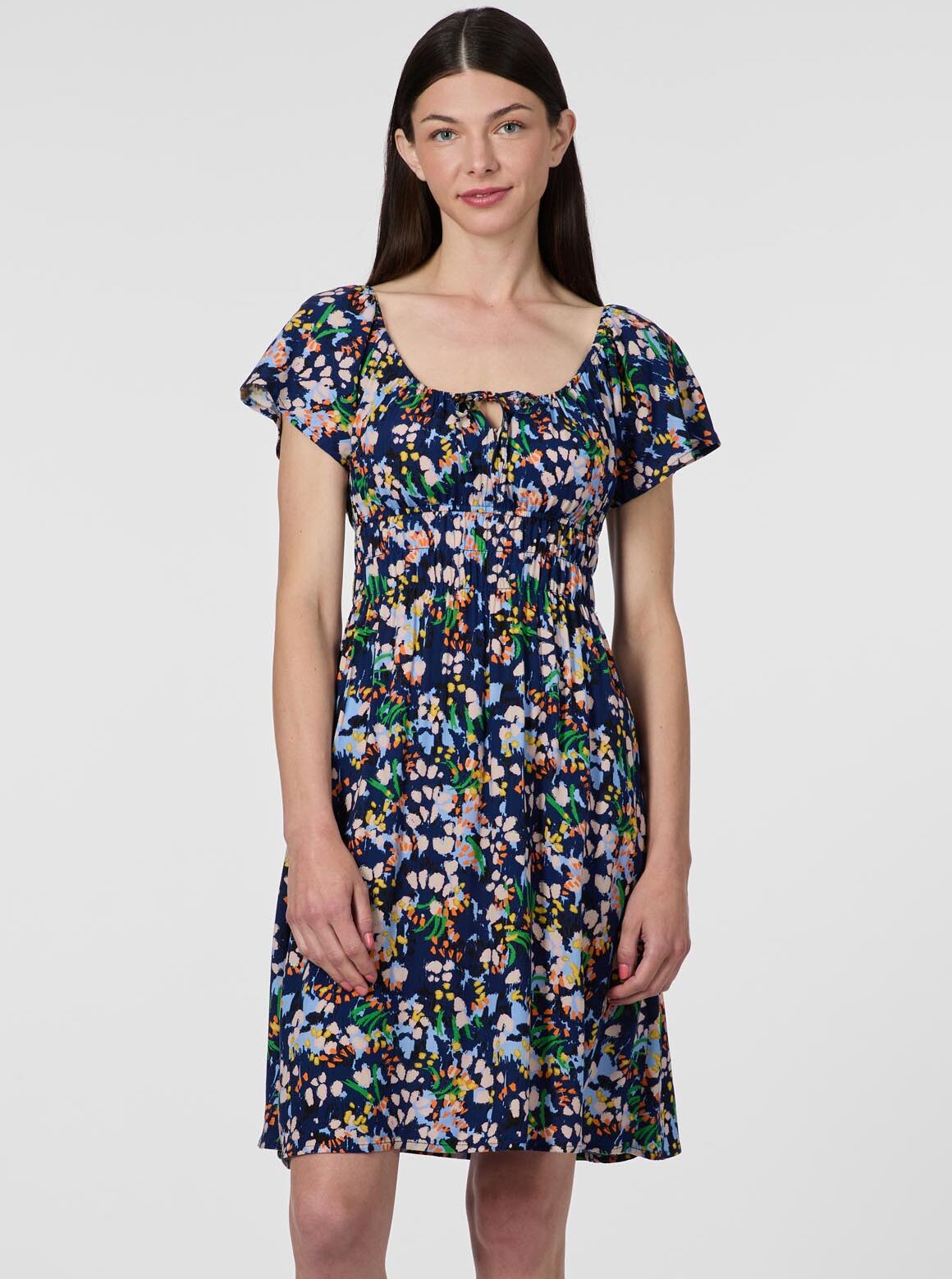 Sommerkleid RAGWEAR "MIREELA PRINT", Damen, Gr. M, N-Gr, Kurzarm, Web, bunt (night blau), Web, Obermaterial: 100% Viskose, geblümt, kniefrei, Rundhals, Kleider Sommerkleid, Viskose mit schönem Allover-Print und Tragekomfort
