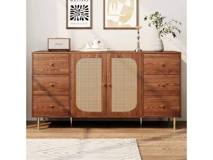 Buffet 160x40x90 cm avec 6 tiroirs et 2 portes en rotin meuble de rangement multifonction MDF décor bois