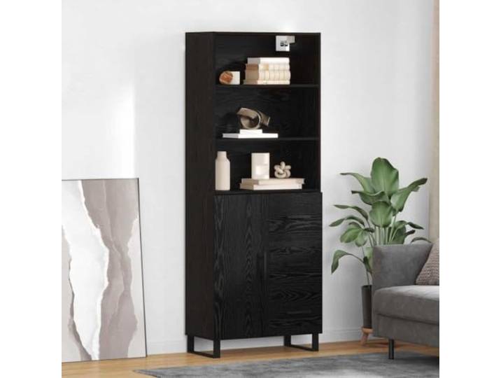 RJPLMFV Moderne Anrichte, schwarze Eiche, 2 Schubladen, Holz Praktische Regale, Füße aus schwarzem Metall, einfache Montage, Rückwand fertig