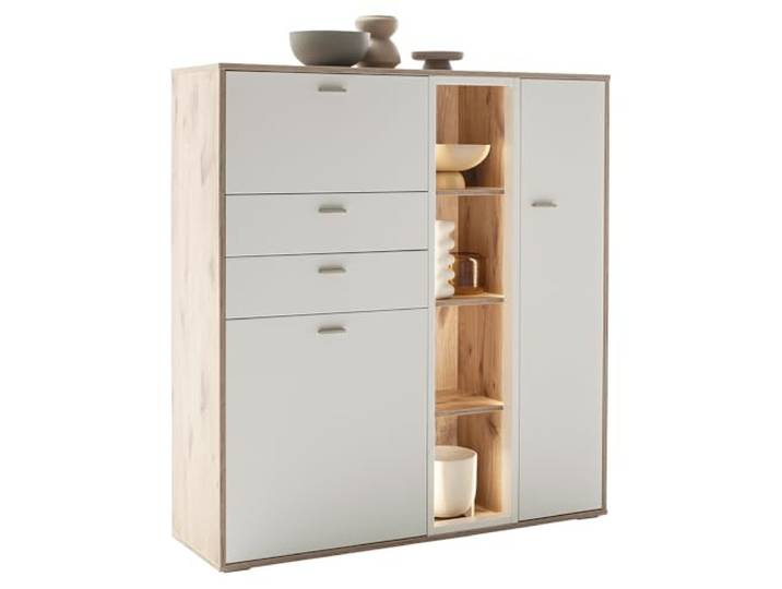 Lomadox Wohnzimmer Esszimmer Highboard Vitrinenschrank 124cm breit Eiche weiß, inkl. LED-Beleuchtung, modern