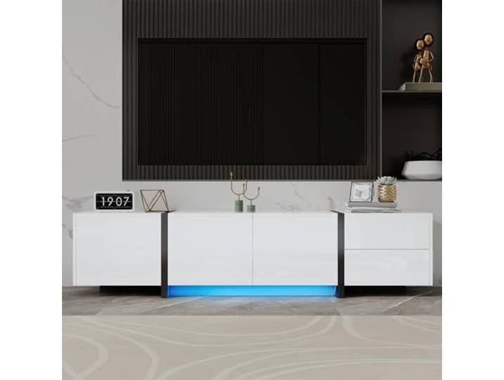 FammyLoft 170cm TV Lowboard mit Schranktüren und Schubladen, TV Schrank mit Schwarz Abgesetzte Tischbeine, Fernseher Schrank für Wohnzimmer, TV-Tisch, TV-Ständer, Weiß