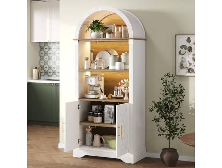 BXEYXE Highboard mit Verstellbarer Regalböde und LED-Beleuchtung, Küchenschrank mit großem Stauraum, Ideal für Esszimmer, Wohnzimmer und Küche (Weiß)