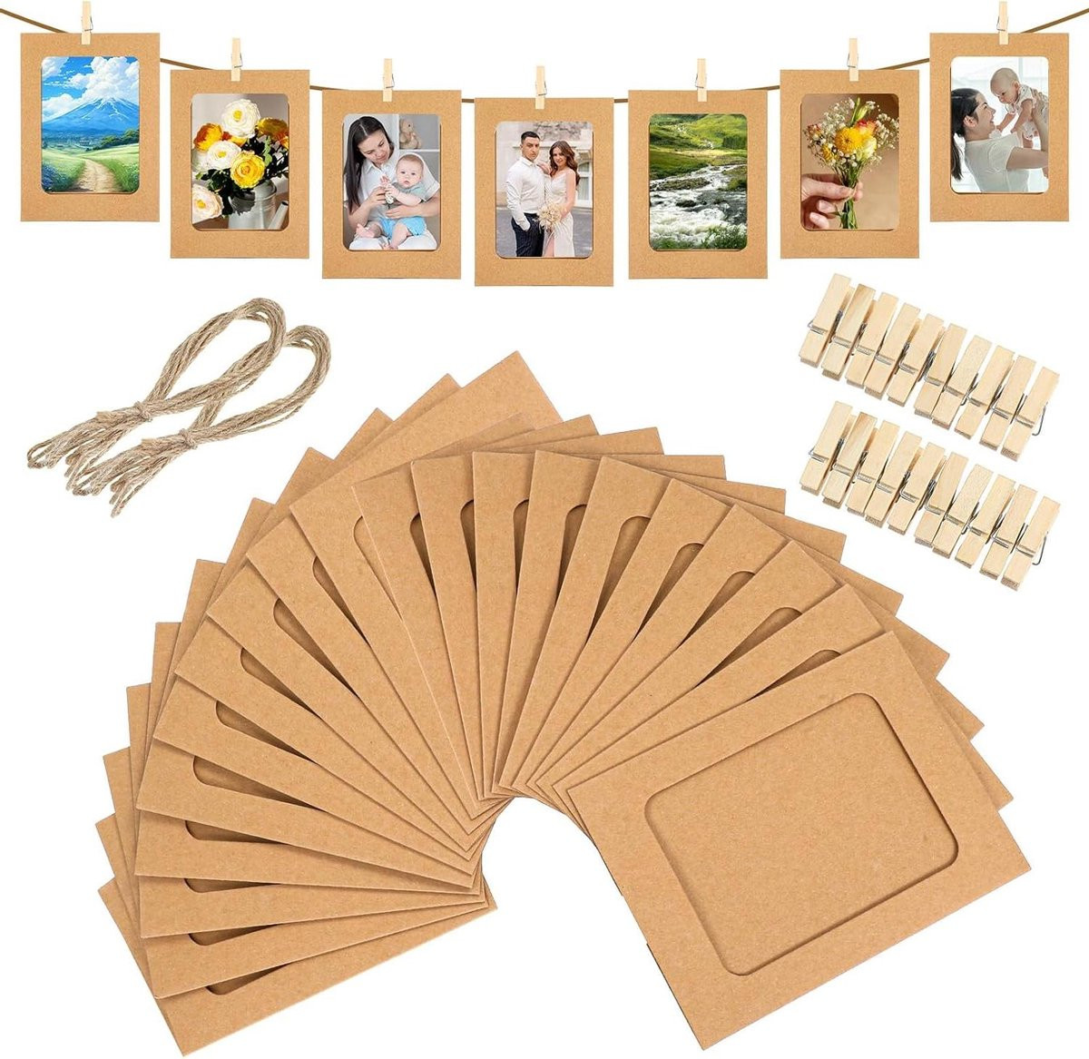 Papieren Fotolijsten Foto Garland Decoratie met Clips en Touw - 10 x 15 cm - Natuurlijk Bruin