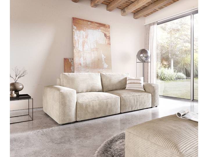 Big canapé Lanzo 230x95 cm velours côtelé beige avec pouf