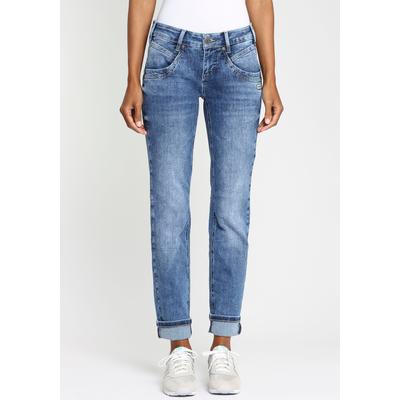 Slim-fit-Jeans GANG "94JOJO", Damen, Gr. 32, N-Gr, blau (mid blau), Denim/Jeans, Obermaterial: 81% Baumwolle, 17% Polyester, 2% Elasthan, leichte Abriebeffekte, unifarben, slim fit lang, Jeans Slim-fit-Jeans, Bewegungsfreiheit mit großer Formstabilität