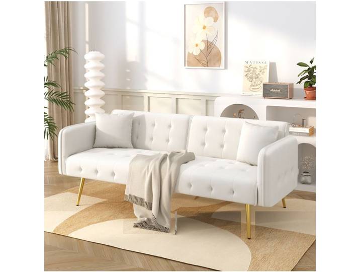 SENVIRO canapé convertible deux places sofa lit dossier inclinable velours blanc ancien 215x82cm