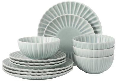 Gibson Elite Peach Orchard 12-Piece New Bone China Dinnerware Set for 4, Embossed Fluted Plates and Bowls