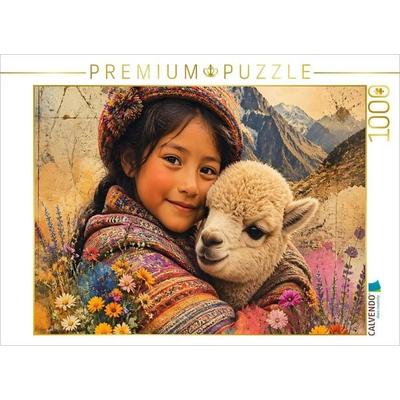 CALVENDO Puzzle Geborgen in den Anden. Andenmädchen & Alpakafohlen | 1000 Teile Lege-Größe 64x48cm Foto-Puzzle für glückliche Stunden