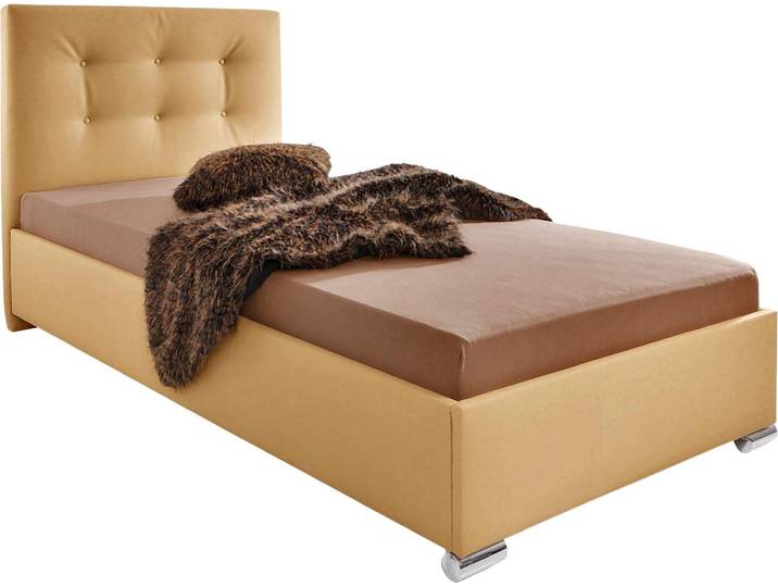 Polsterbett, Kunstleder, Beige, 107×212 cm, Mit Kopfteil & Knopfsteppung, Maintal