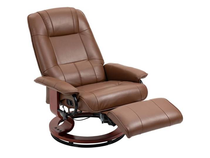 LIA Fauteuil relax inclinable repose-pieds réglable pivotant 360° piètement bois revêtement PU respirant et doux marron