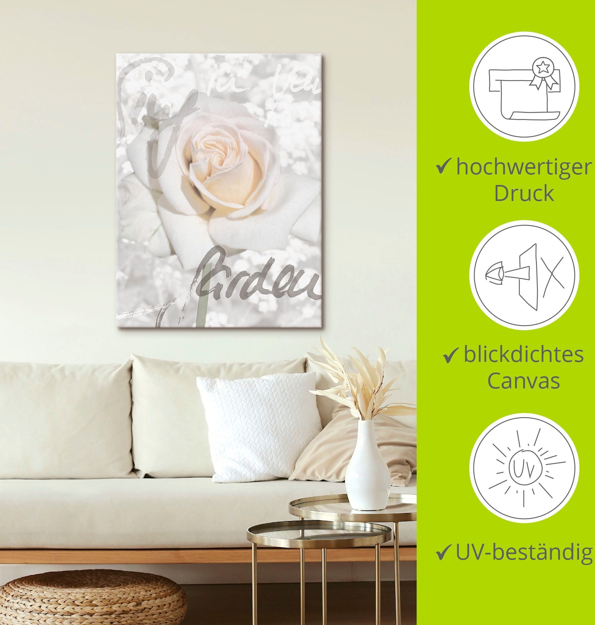 Wandbild ARTLAND "In Lettern - Rose", weiss (farbe bild(er): weiß), B:45cm H:60cm, Bilder, Wandbild, als Leinwandbild, Poster in verschied. Grössen farbe bild(er): weiß B/H/T: 45cm x 60cm, Leinwandbild Blumen, 1 Stk.
