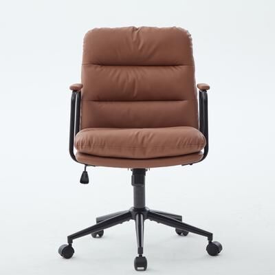 GREATPLANINC PU Leather Swivel Office Chair with Wheels, Adjustable Mid Back Home Desk Chair, Computer Rolling Chair with Padded Armrest
