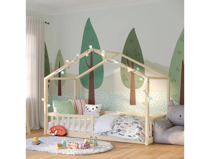 Bellabino Bia Kinderbett 90x200 cm, Bodenbett, Natur, mit Rausfallschutz Montessori Hausbett aus Massivholz Kiefer, mit Lattenrost, für Jungen & Mädchen, Holzbett, Kinderzimmermöbel, Bettgestell