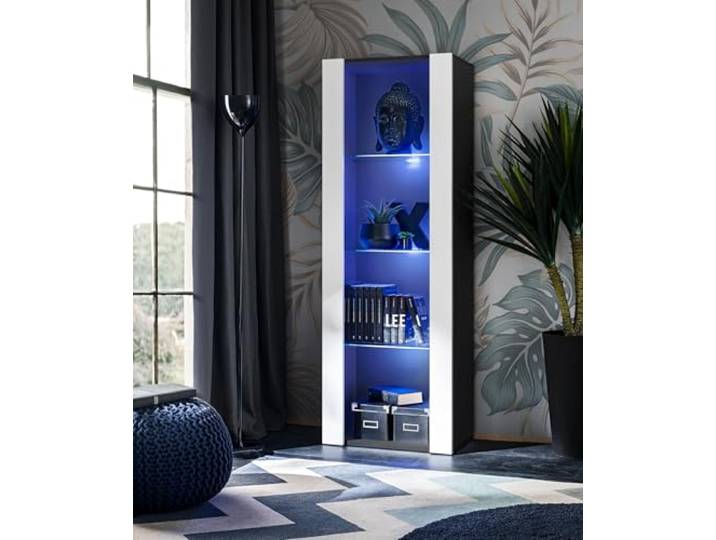Komodee Vitrine Tivoli A1 Weiß/Schwarz 55x159x35 cm Vitrine Tivoli, Weiß/Schwarz, Breite 55cm x Höhe 159cm x Tiefe 35cm, LED Blau, 3 Regalböden, Glassvitrine für Wohnzimmer
