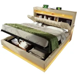 Bett mit LED Beleuchtung USB C Ladestation hydraulischem Stauraum Kopfteil Ladeanschlüsse Eisenrahmen Holzlatten 160x200 Beige