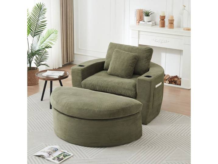 HOMVRA Fauteuil lounge rond extra-large vert en velours côtelé avec pouf mobile poches et porte-gobelets