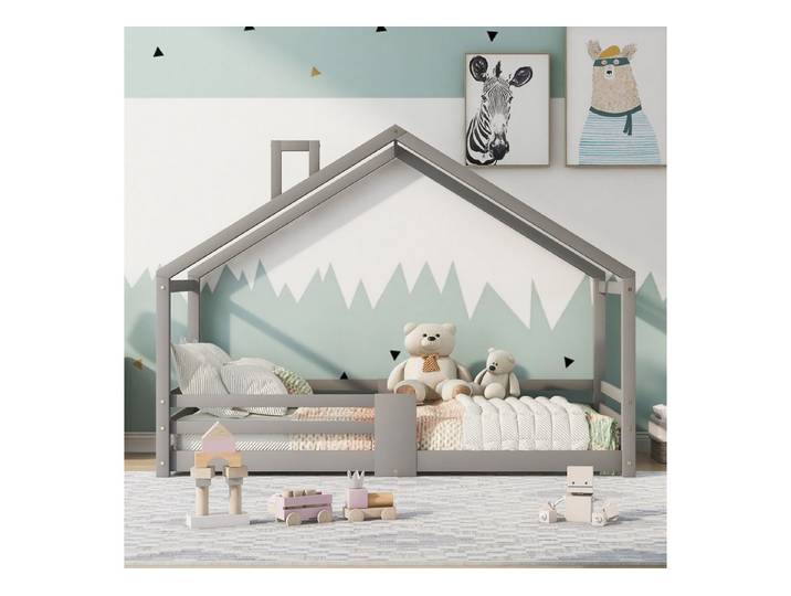 IDEASY Kinderbett Jugendbett, Rausfallschutz Robuste Lattenroste, (90 x 200 cm ohne Matratze, Grau/Weiß,Kiefernholz +MD), Leicht zusammenzubauen