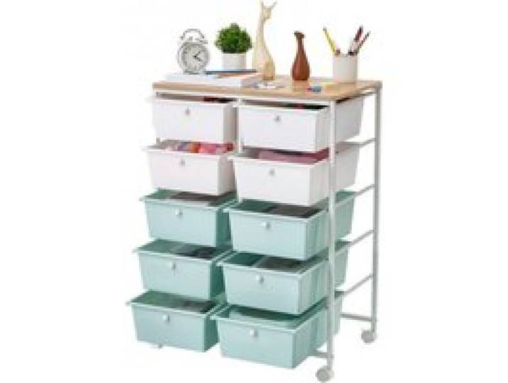 VEVOR Rollwagen mit 10 Schubladen Doppelreihe PP 630x390x895mm Blau Weiß, Metallgestell, Holztischplatte, Handgriffe, Lenkrolle mit 2 Bremsen, Mobiler Schubladenwagen für Büro Werkstatt Bastelzimmer