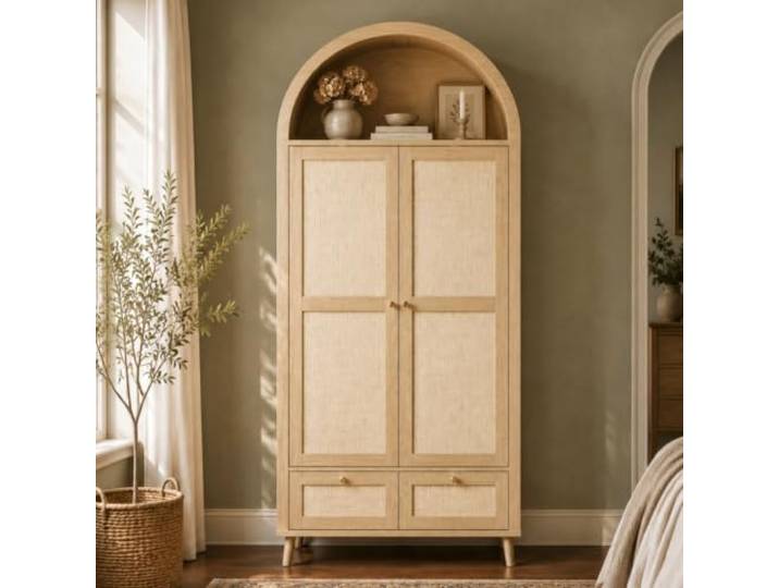 Merax Kleiderschrank 80x55x180 cm mit 2 Türen, 2 Schubladen, Bogenform, Rattan-Optik & offener Ablage – Holzfarbe+Beige