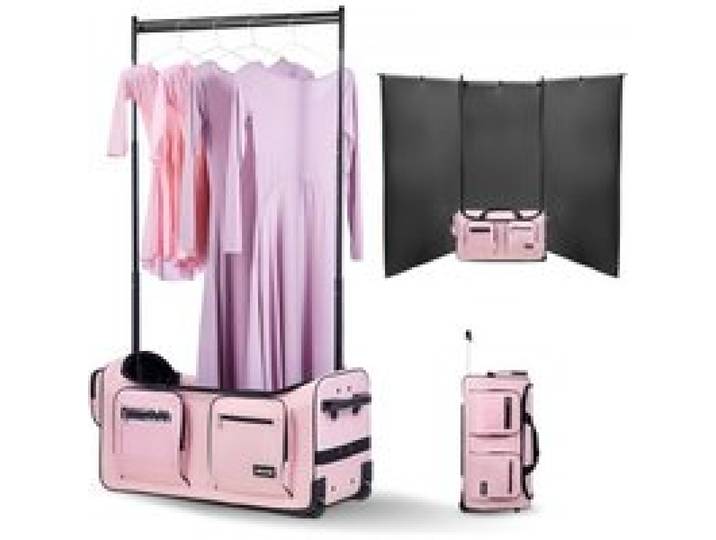 VEVOR Sac de Danse avec Portant Vêtements Hauteur Réglable Sac de Sport à Roulettes 736,6 mm avec Port USB, Rideau de Protection Poches Multifonctions Rangement, pour Voyages, Compétitions, Rose Mat