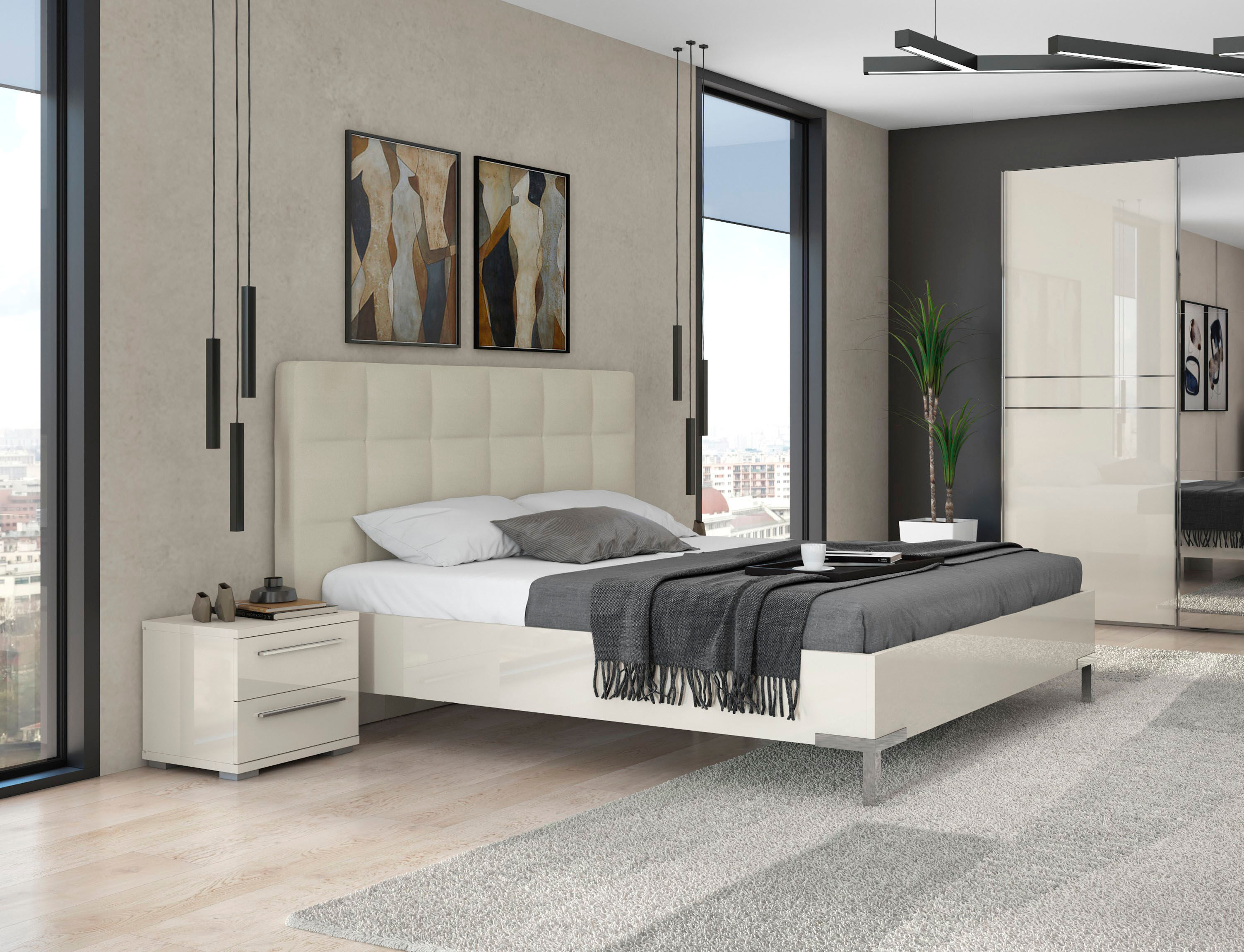 Bett GOODPRODUCT "Piano, Liegefläche 160x200 oder 180x200cm, FSC-zertifiziert", beige (beige hochglanz, beige, chromfarben), B:180cm H:120cm L:221cm, Betten, Bett, mit gepolstertem Kopfteil, UV Lackierung hochglanz beige oder weiss beige hochglanz, beige,