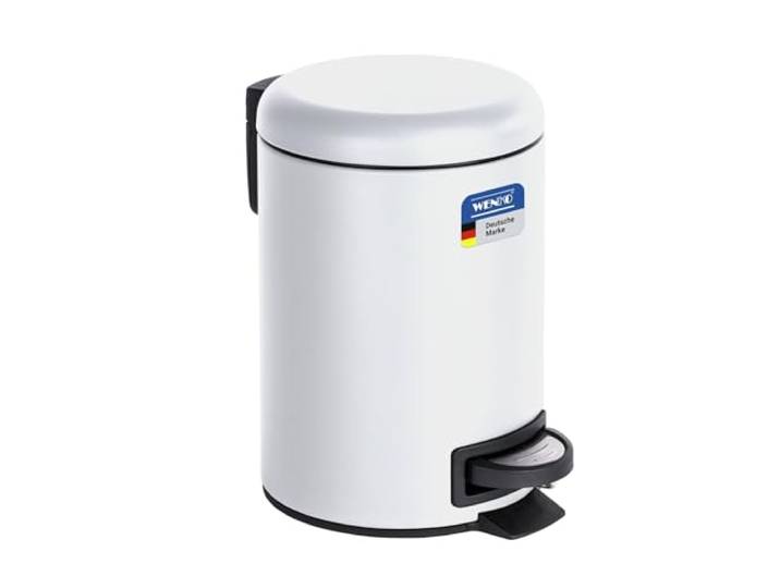 WENKO Kosmetikeimer 3 Liter, Stahl, herausnehmbarer Inneneimer mit Müllbeutelhalter, Mülleimer fürs Bad mit Deckel und Tretfunktion, ausklappbarer Tragegriff, Weiß matt, Mod. Leman