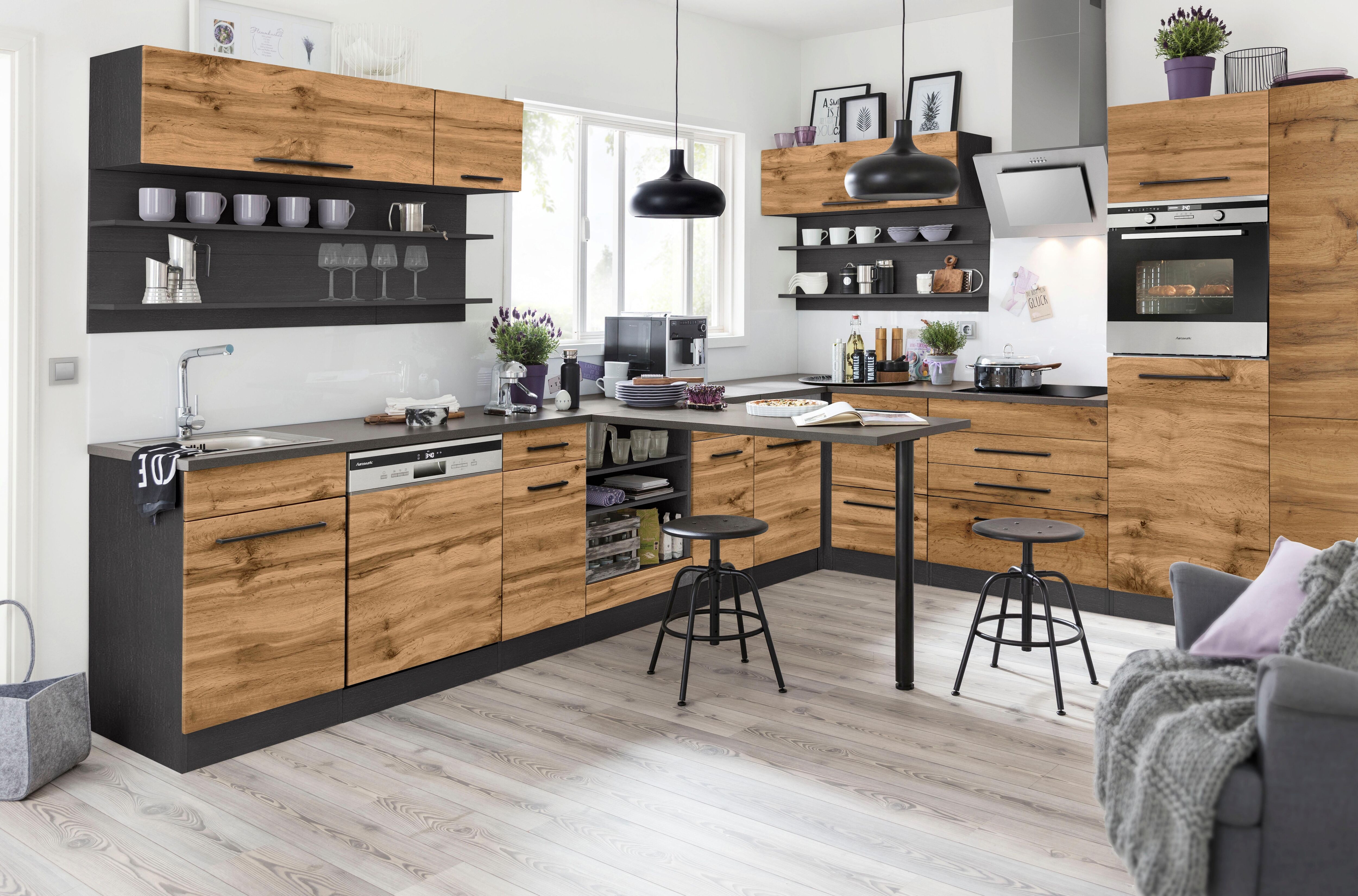 Spülenschrank KOCHSTATION "KS-Tulsa", braun (wotaneiche), B:110cm H:85cm T:60cm, Schränke, Spülenschrank, 110 cm breit, inkl. Tür/Sockel für Einbaugeschirrspüler, Metallgriff wotaneiche grafit, B/H/T: 110cm x 85cm x 60cm, Türen: 1 Stk.