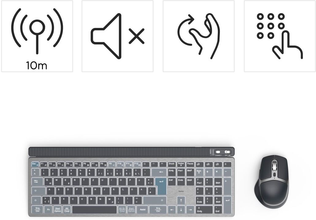 Hama Tastatur- und Maus-Set "Kabellose Tastatur und Maus (Multi Device, 2x Bluetooth, 1x Funk, DE)", schwarz, Eingabegeräte-Sets, Tastatur- und Maus-Set