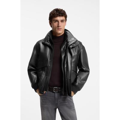 Lederjacke BOSS ORANGE "Jolights", Herren, Gr. 48, schwarz (schwarz001), Obermaterial: 100% Schafsleder, unifarben, relaxed fit normal, Rippbündchen, Jacken, Weiches, strukturiertes Schafleder, Relaxed Fit, abnehmbares Inlay