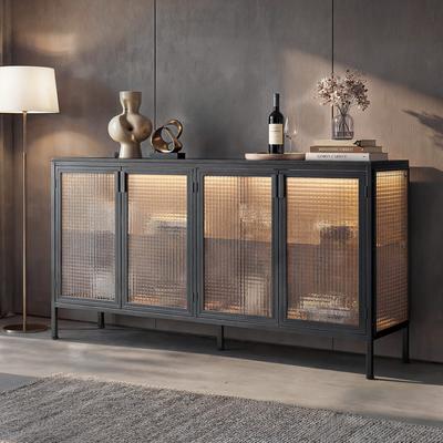 Timechee 60” Glass Bookcase Door Display Cabinet with LED Lighting, Modern Sideboard Buffet Cabinet with Shelves for Living Room