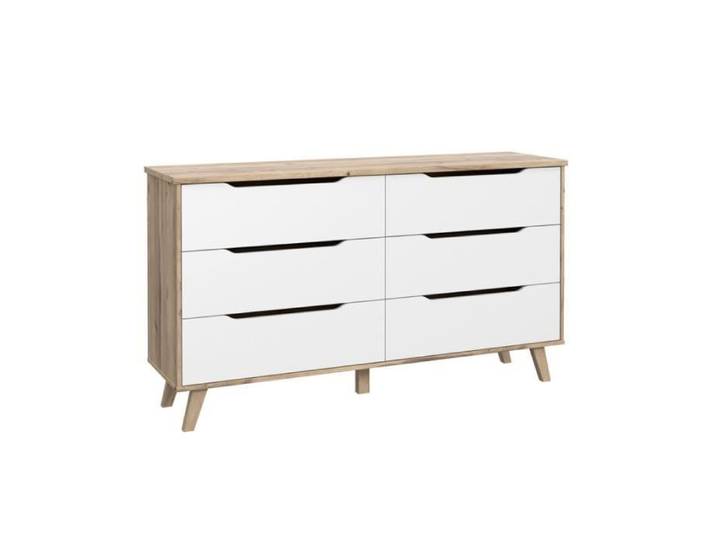 Commode 6 tiroirs décor chêne et blanc pieds bois massif - ALBANE