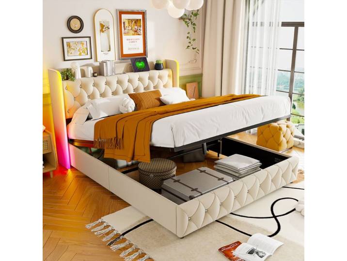 Lit double - ADWOLT - 160x200 - Velours beige - Sommier à lattes - Coffre pneumatique avec LED