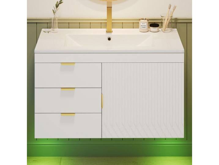 NuvlaGu - Meuble-lavabo avec vasque - Meuble-lavabo mural avec éclairage LED - 2 portes 2 tiroirs - Blanc
