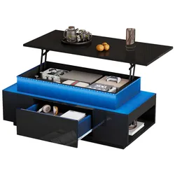 OKWISH Hydraulischer Couchtisch 96x45x40cm mit LED, verstellbare Tischplatte, Schublade und halboffenen Ablagen, Stauraum, Hochglanz Schwarz, multifunktional