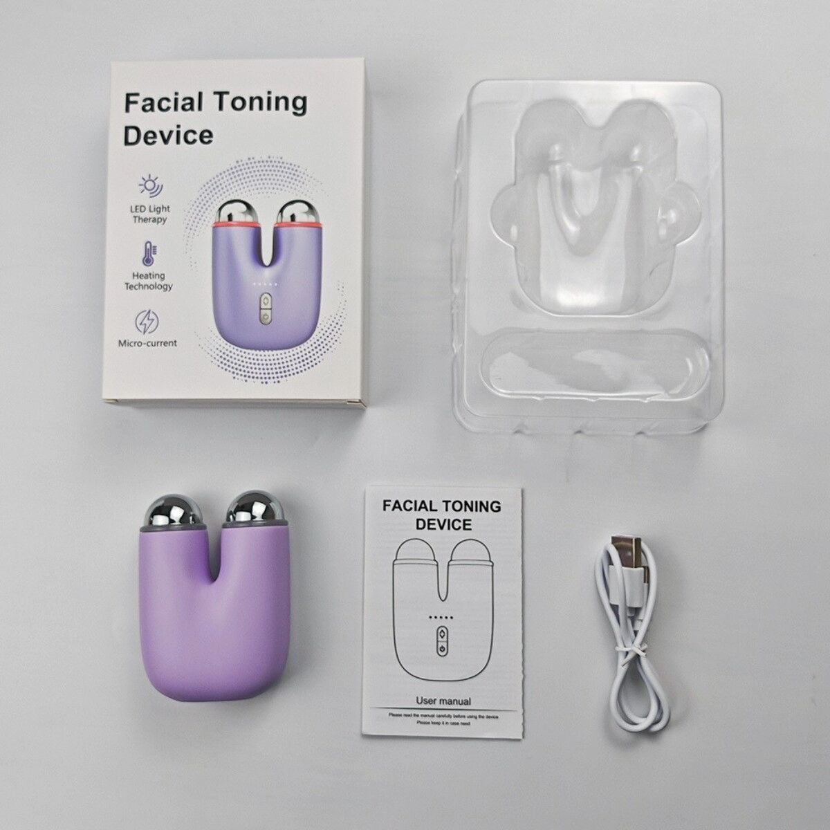 INF 3-in-1 EMS-Gesichts- und Nackenmassager mit Wärme, LED-Licht und Rollen mit zwei Metallkontakten Violett