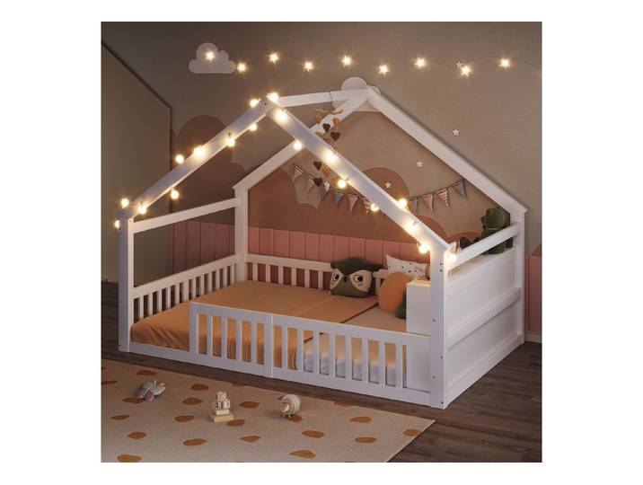 REDOM Kinderbett mit Gitter & Seitlichen Regalen, Haus-Design (Holzbett, 140×190 cm), ohne Matratze