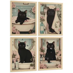 POSTER 4er-Set dekorative Kunstdrucke, schwarze Katze im Badezimmer, niedliches Blumenposter für Toilette, Schlafzimmer, sanfter Rahmenlos A4