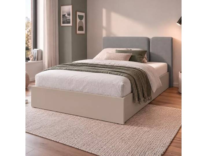 Lomadox Jugendzimmer Bett 120x200 cm in Beige, mit Bettkasten, klappbarem Lattenrost & gepolstertem Kopfteil
