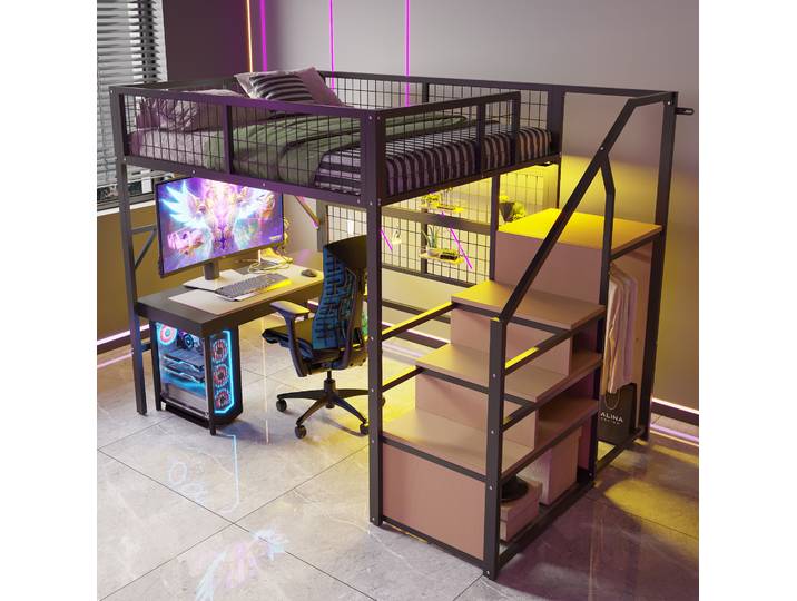 Lit Adulte Mezzanine Rangement 140x200 Métal Noir Havrya