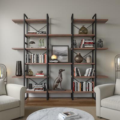 DAVEE FURNITURE "EVE Modern Antique Walnut Color 6 Tiers Storage Organizer Etagere Display Shelves - 85"" H x 94.5"" W x 12.6"" D"