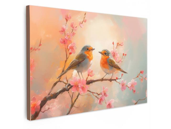 LEINWANDBILD Rotkehlchen - Zierpflanze - Blütenzweig Wohnzimmer Groß 120x80 cm