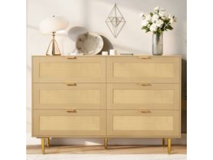 VEVOR Rattankommode Aufbewahrungsschrank mit 6 Schubladen & Metallgriffen und -beinen, moderner Rattanschrank für Schlafzimmer Wohnzimmer Flur (120 x 39,5 x 85,4 cm) Kleidungsschrank