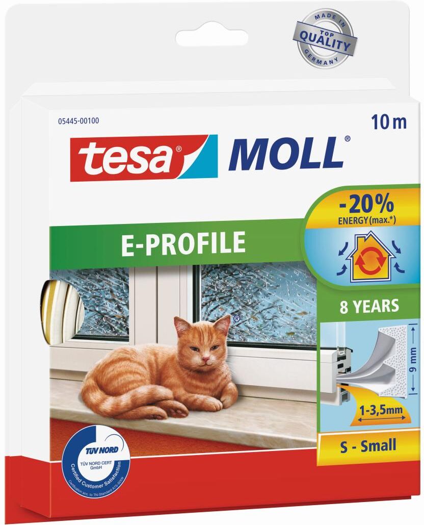 tesamoll E-Profil Gummidichtung für 1 - 3,5 mm Spalten, für Türen und Fenster, weiß, 10 m x 9 mm x 4 mm