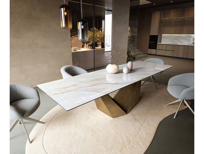 Esstisch Edge 300x100 cm Keramik Onyx Pearl Prisma Metallic Gold, Esstische