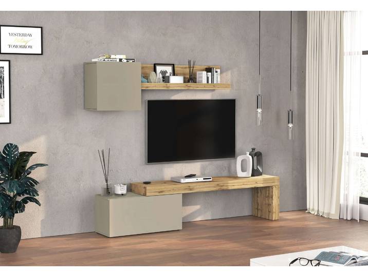 TV-Wand GOODPRODUCT Chronos TV-Set, Wohnwand – Elemente frei platzierbar, Made in Italy , beige (taube, eiche wotan), B:220cm H:190cm T:40cm, Kastenmöbel-Sets, TV-Wand, Lowboard B 220 cm, Hängeschrank B 50 cm, Wandregal B 120 cm