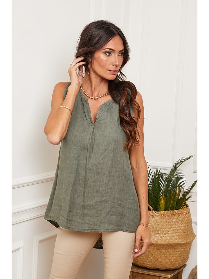 Fleur de Lin Leinen-Top "Harley" in Oliv - XXL