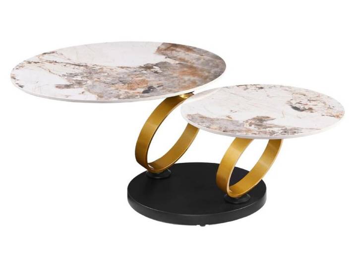 Table basse SOLYNE 135 cm blanche effet marbre avec anneaux dorés et plateaux rotatifs